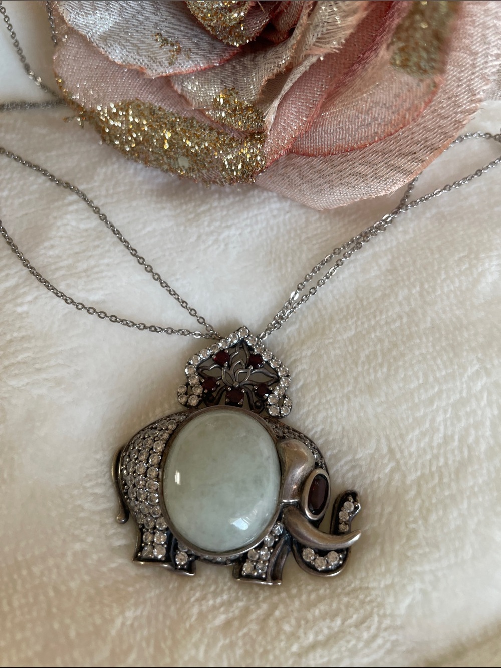 Vtg. 925 Sterling Silver Jade Garnet Gemstones Lucky Elephant Pendant Necklace